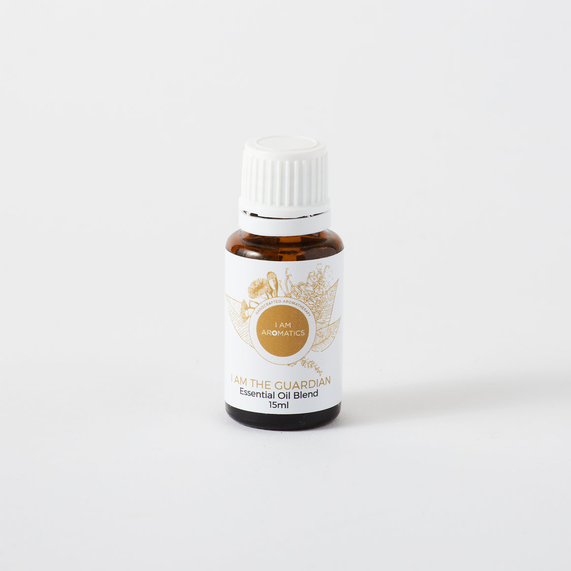 guardian essential oil blend in 15ml amber bottle, with white lid, white label and orange botanical logo