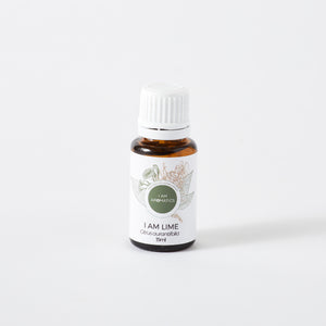 Lime essential oil, 15ml amber bottle with white lid, white label, botanical logo