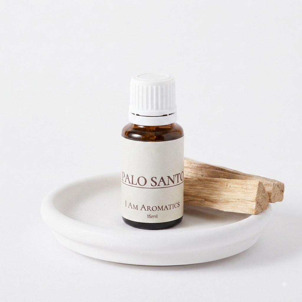 I Am Aromatics Palo Santo essential oil blend with bergamot and cedarwood, shown in a glass bottle for energy clearing.