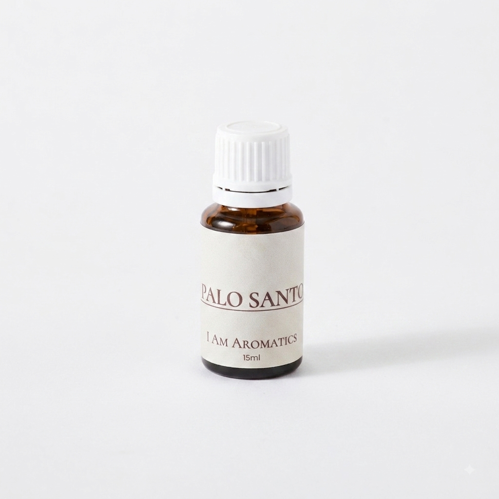 I Am Aromatics Palo Santo essential oil blend with bergamot and cedarwood, shown in a glass bottle for energy clearing.