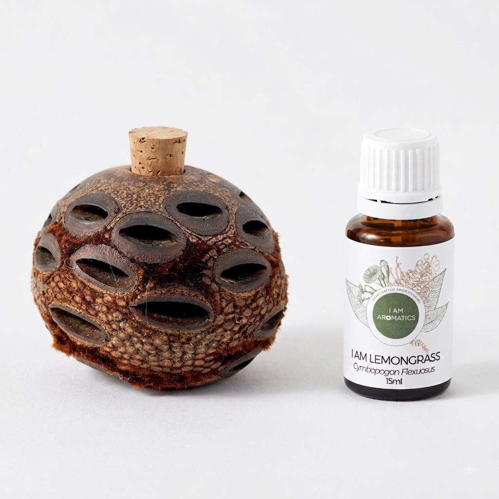 Banksia Aroma Pod with I Am Lemongrass essential oil for sustainable diffuser in bathrooms and wardrobes, by I Am Aromatics.