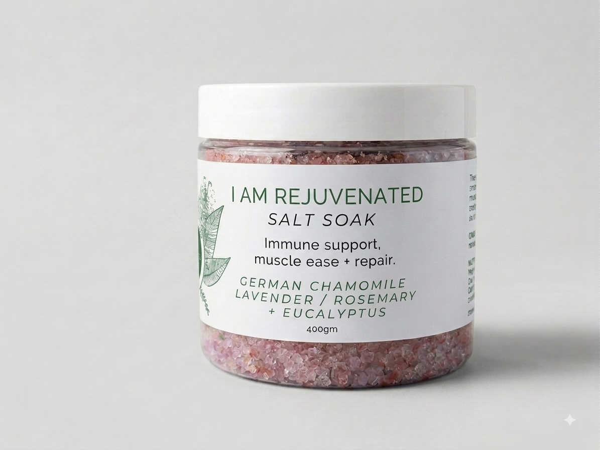 I Am Rejuvenated Salt Soak – Arnica & Tea Tree Bath Soak for Muscle Recovery and Colds