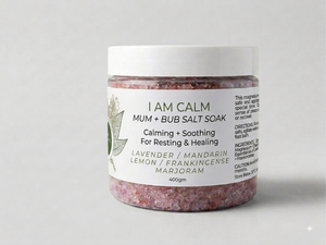 I Am Calm Salt Soak by I Am Aromatics with Himalayan salt and lavender for childbirth preparation and recovery.