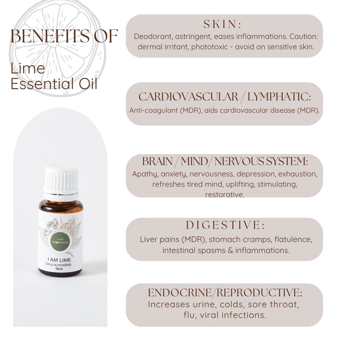 Lime essential oil, 15ml amber bottle with white lid, white label, botanical logo