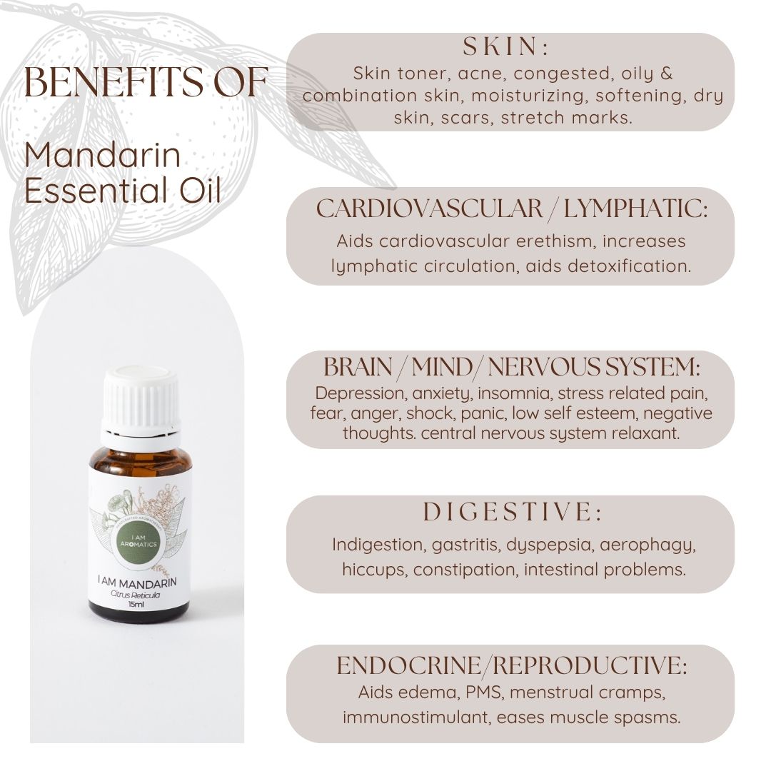 Mandarin essential oil 15ml amber bottle, with white lid, white label with botanical logo