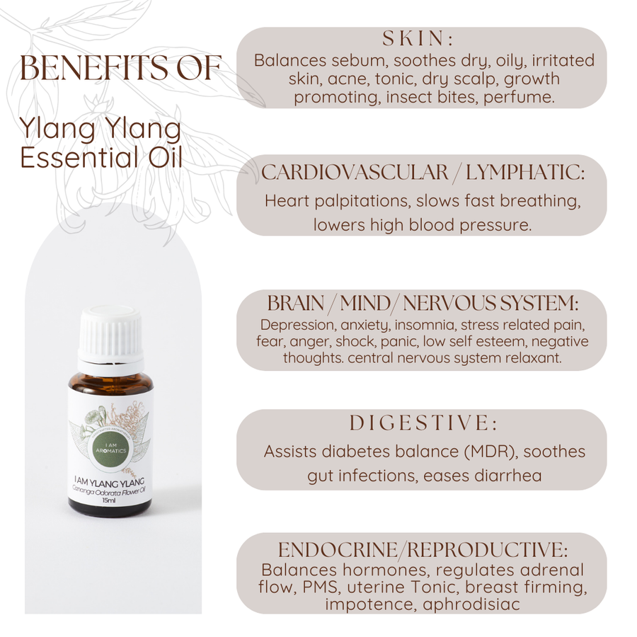 Ylang Ylang essential oil in 15ml amber bottle with white lid, white label and botanical logo