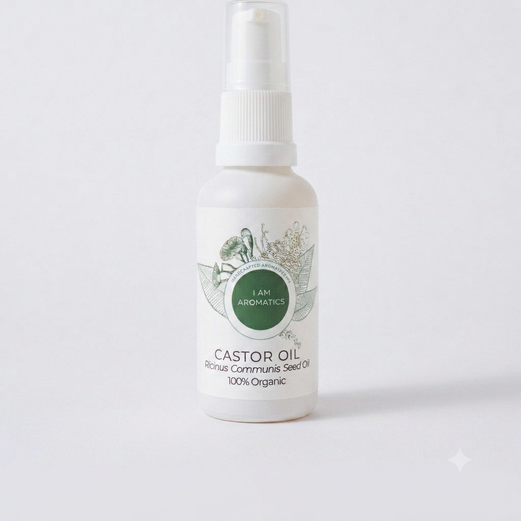 30ml bottle of I Am Aromatics Castor Oil, clear glass container with label, showcasing natural castor oil for hair and skin use.