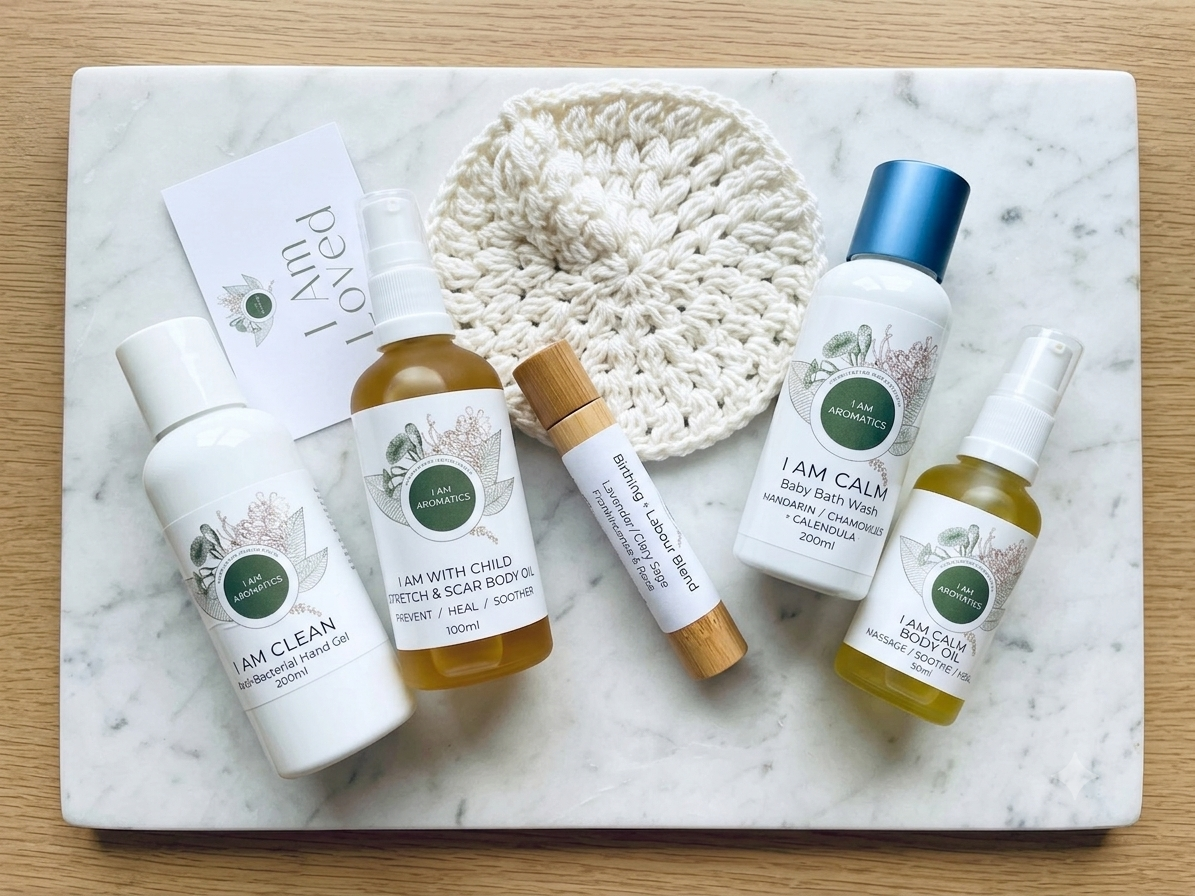 I Am Aromatics Mumma To Be Bundle with stretch oil, birthing blend, and baby wash for expecting mothers, displayed in a gift set.