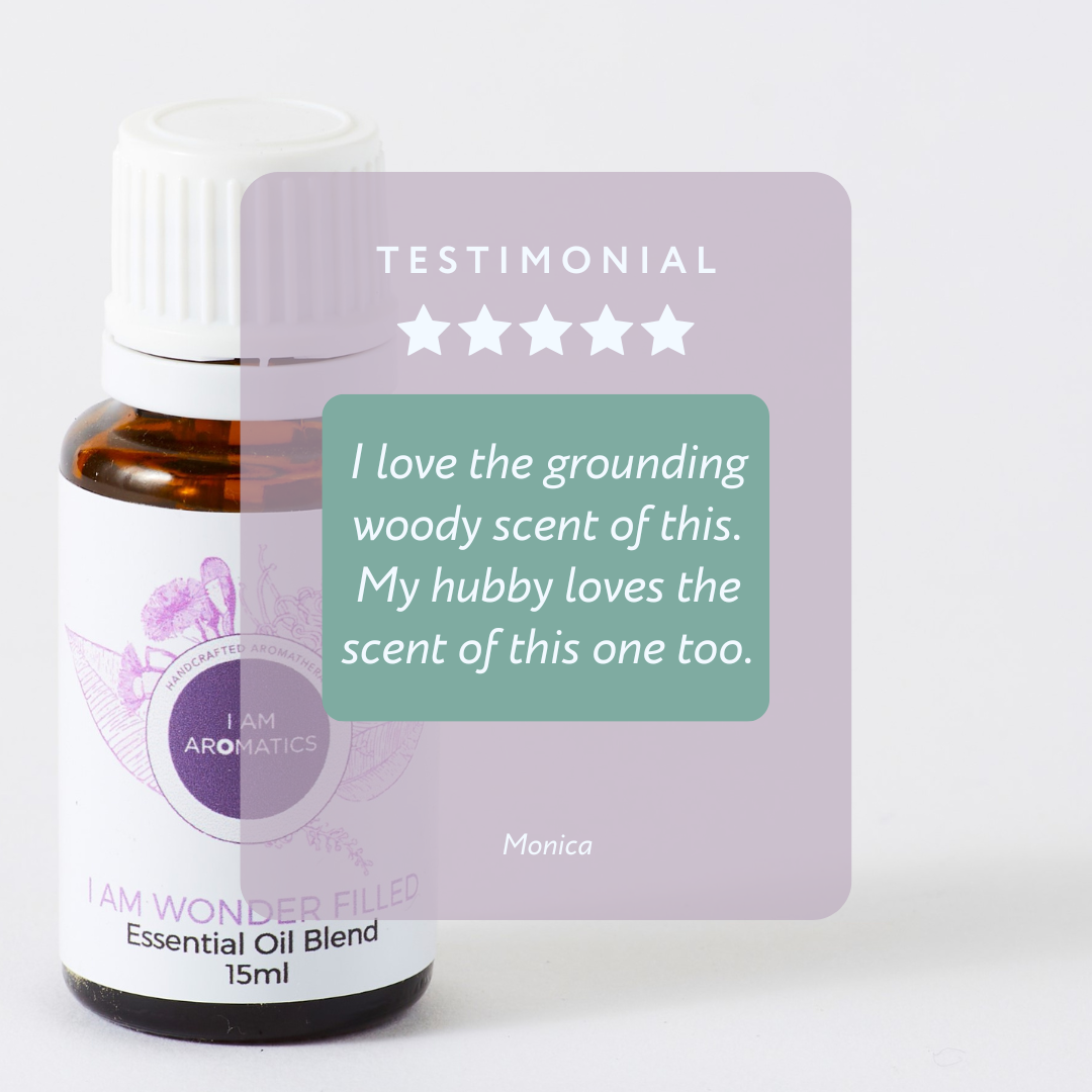 wonderfilled essential oil blend, in 15ml amber bottle with white label, white lid and botaincal logo