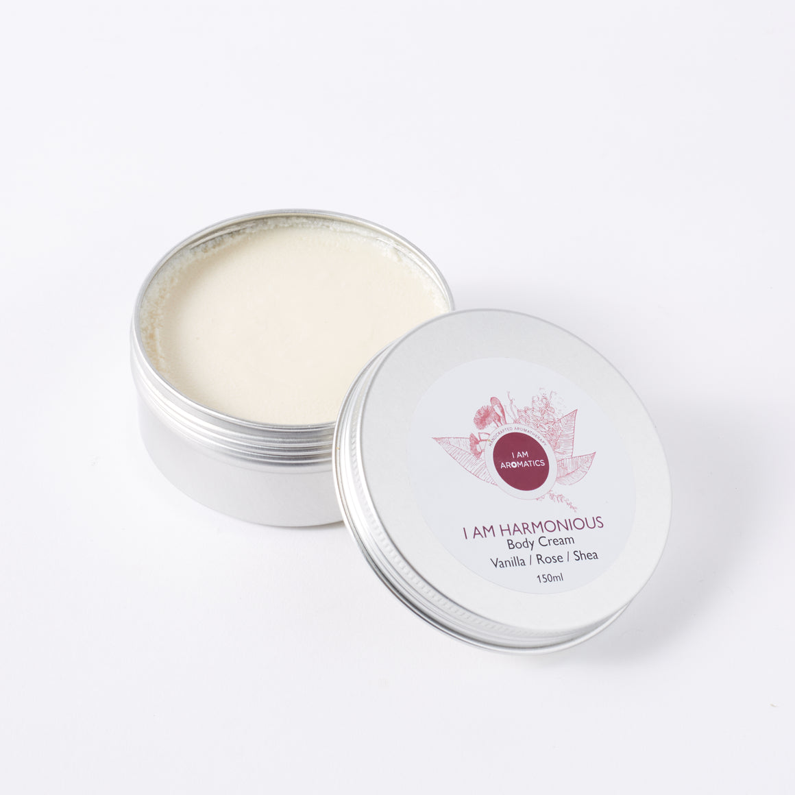 harmonious body cream in 150ml aluminium tin with pink botanical logo and pink font, Rose