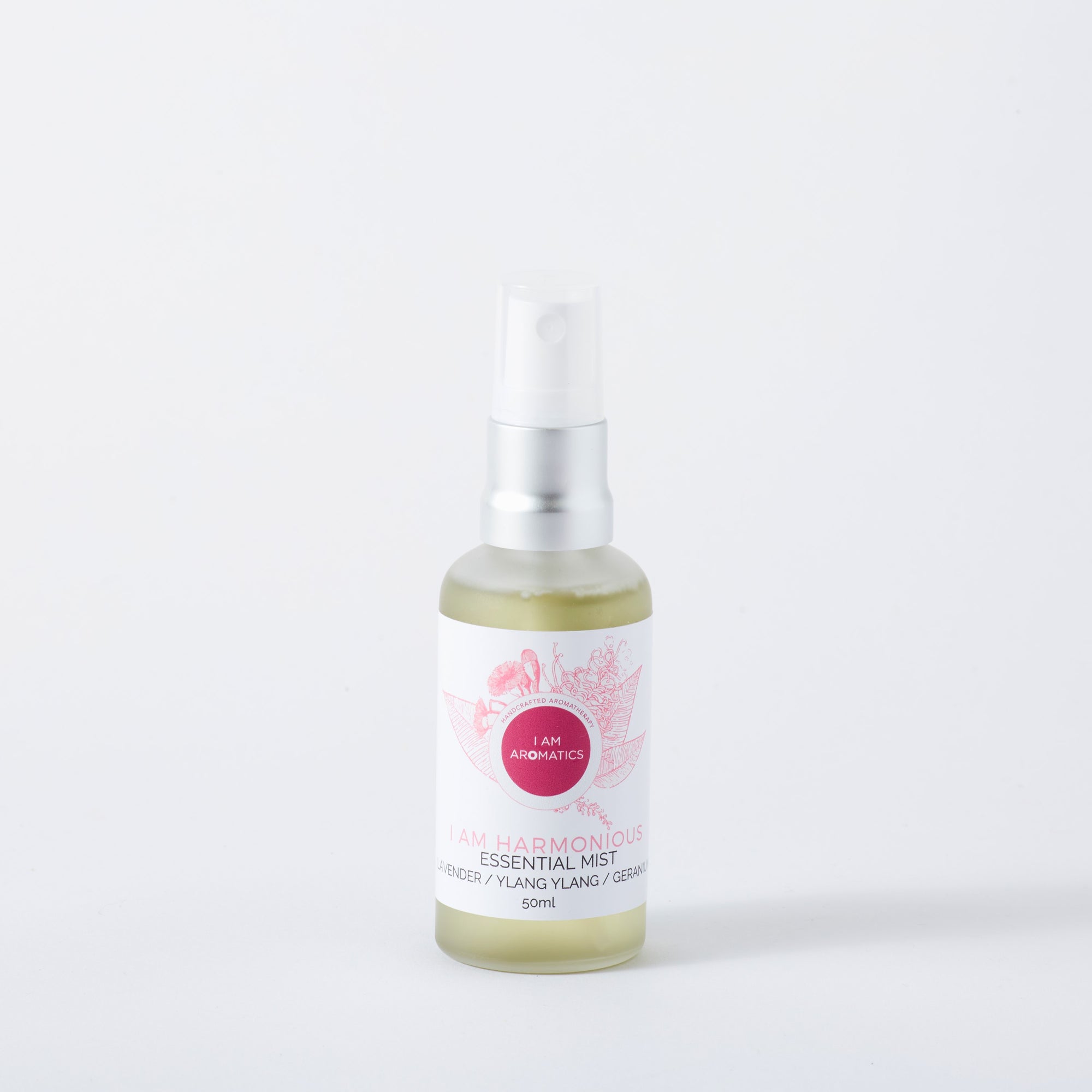 I am harmonious essential mist 50mls, frosted glass bottle with matt silver atomiser, pink logo, pink font