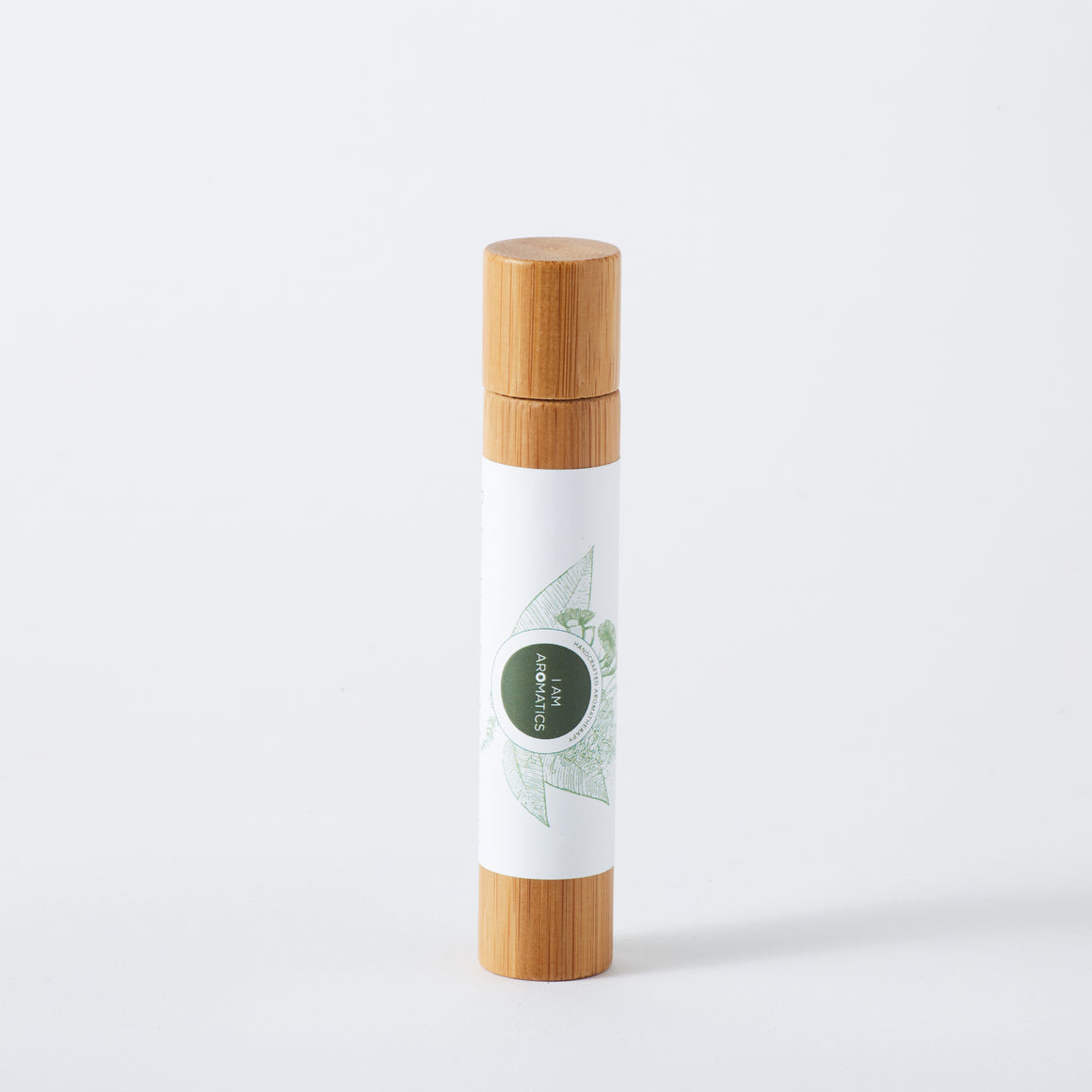 I am Calm mother and child range, 10ml bamboo roller blend with white label and botanical logo