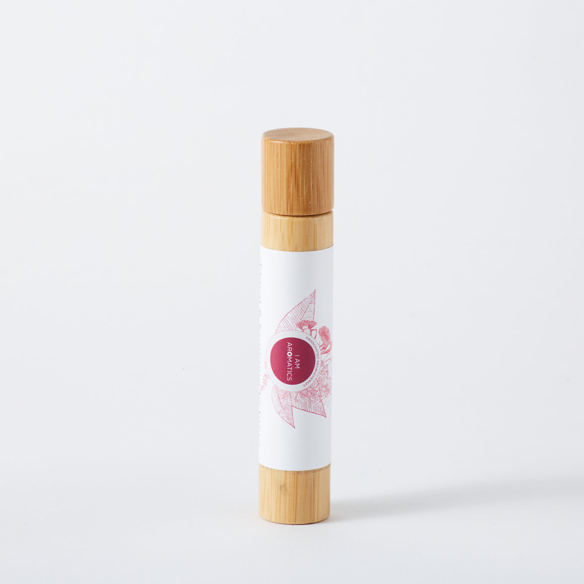 Harmonious natural perfume, roller blend in bamboo bottle, pink botanical logo