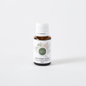 Ylang Ylang essential oil in 15ml amber bottle with white lid, white label and botanical logo