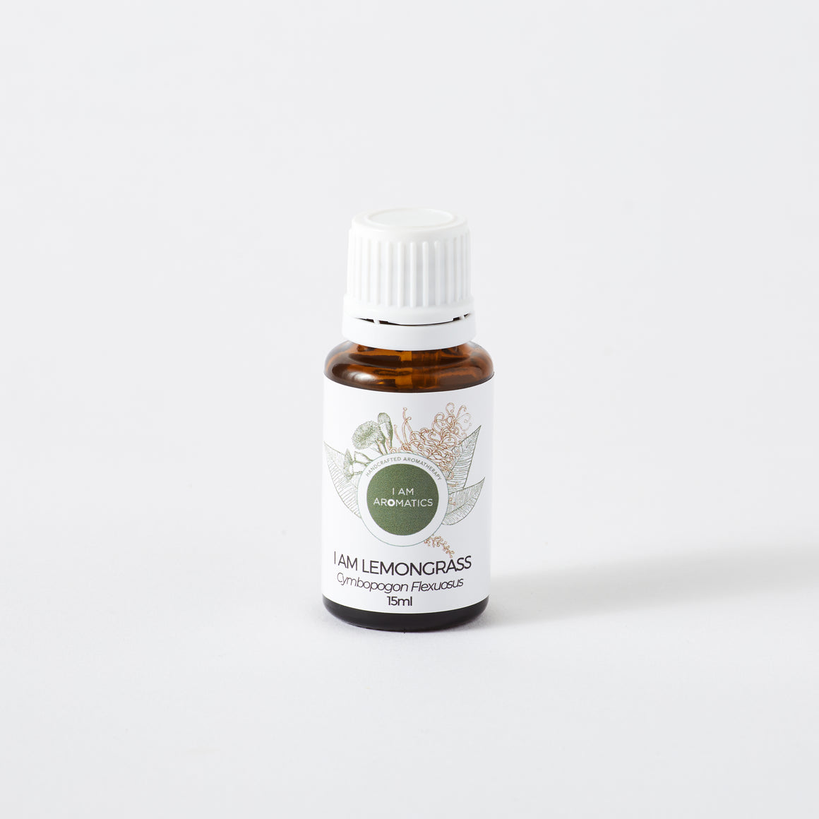 lemongrass essetnial oil in 15ml amber bottle with white lid, botanical logo, white label