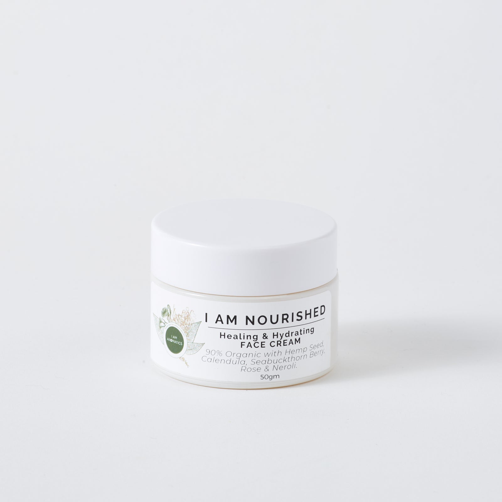 i am nourished face cream, 50gm white jar with white lid, white lable and botanical logo