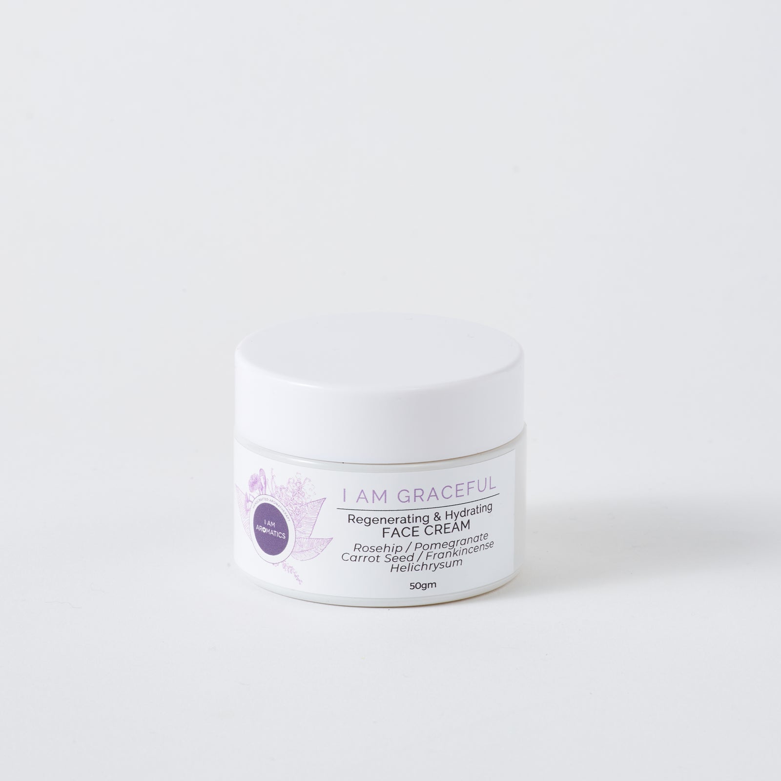 I Am Graceful face cream 50gm, white jar with white lid, botanical logo, purple font