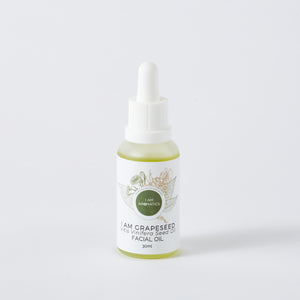 Grapeseed oil 30mls, white bottle with botanical logo, white dropper pump.