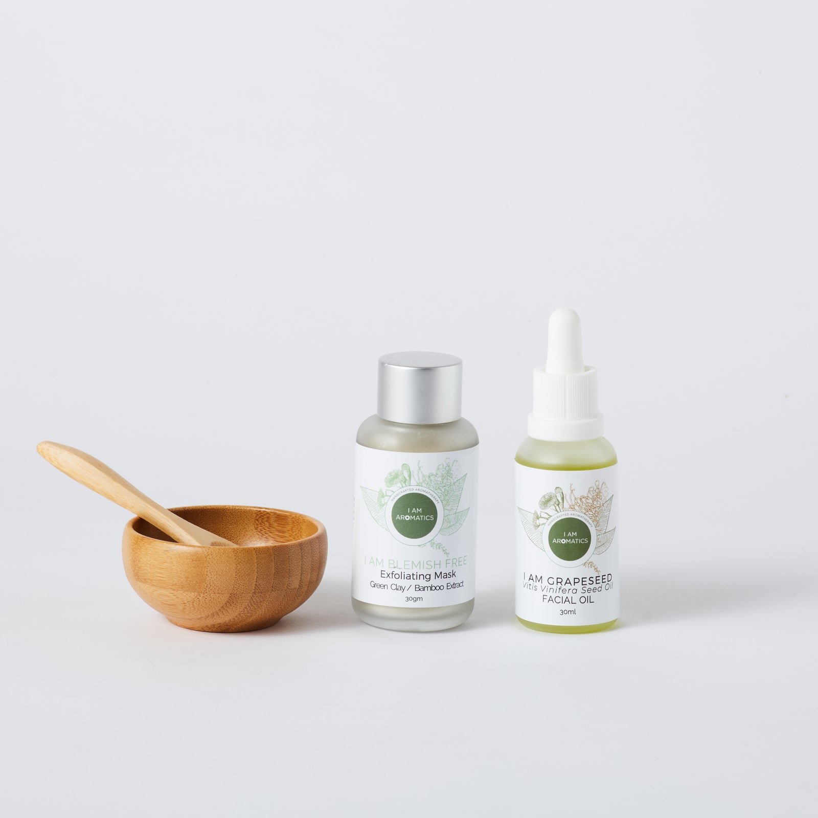 Blemish free exfoliating mask, bamboo bowl & spoon, Grapseed oil bundle