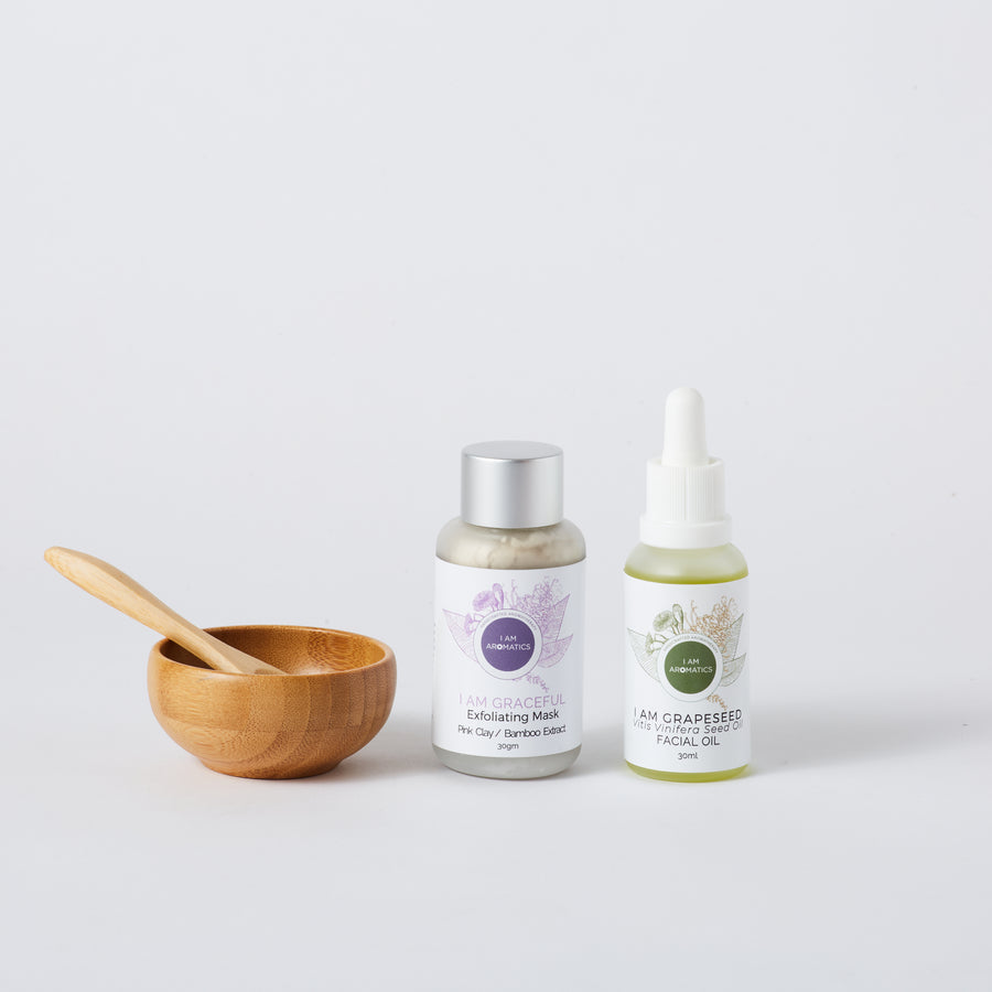 I Am Graceful exfoliating mask, grapeseed oil, bamboo bowl and mixing spoon bundle